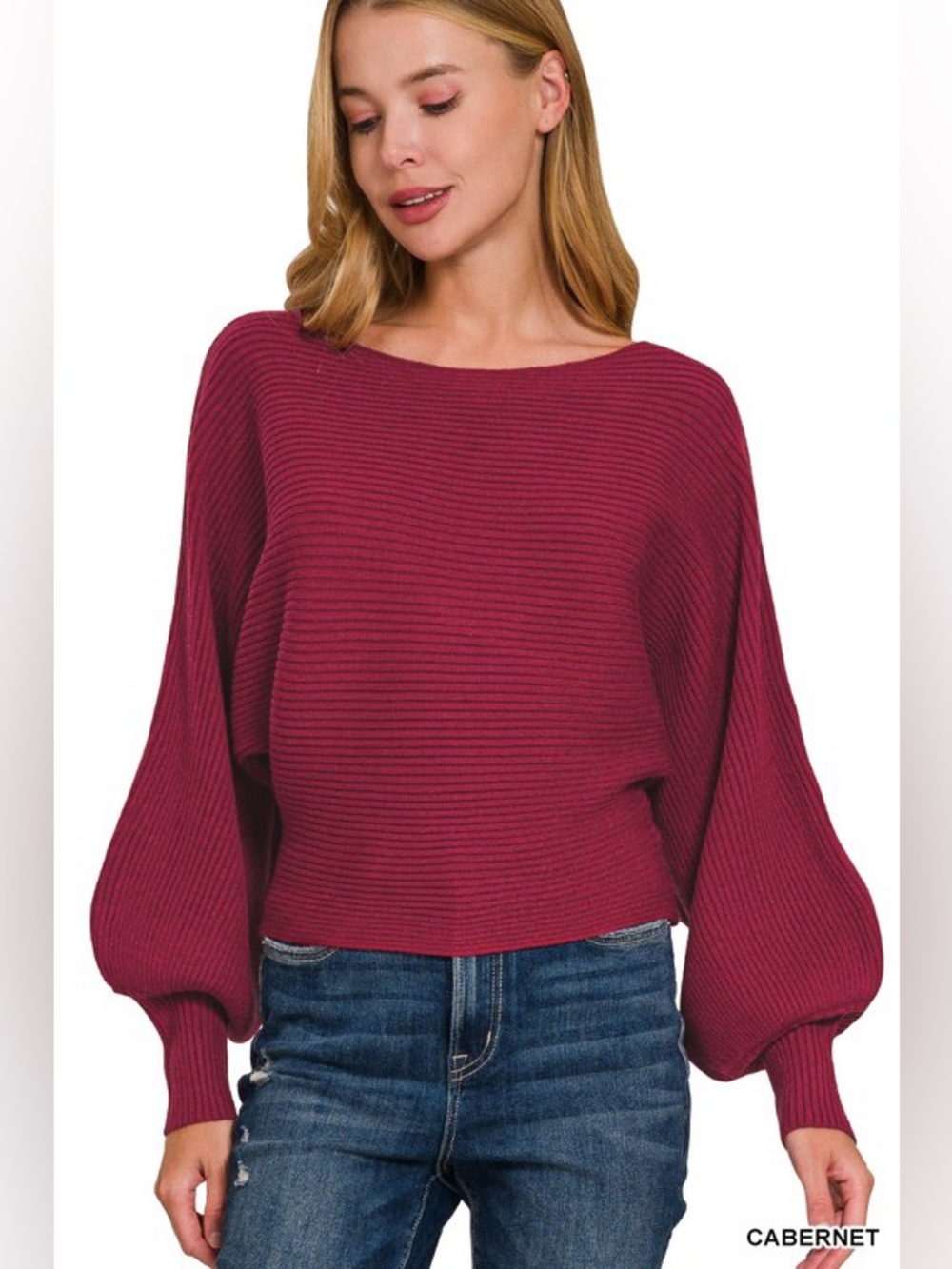 Cabernet  Ribbed Boat Neck Balloon-Sleeve Sweater